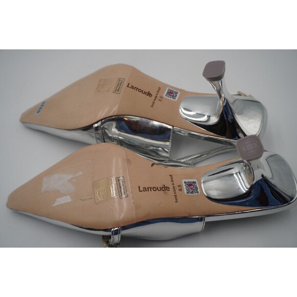 Larroude Ines Metallic Silver Mary Jane Pointed Toe Sculptural Kitten Heels Sz 7 - Picture 14 of 16